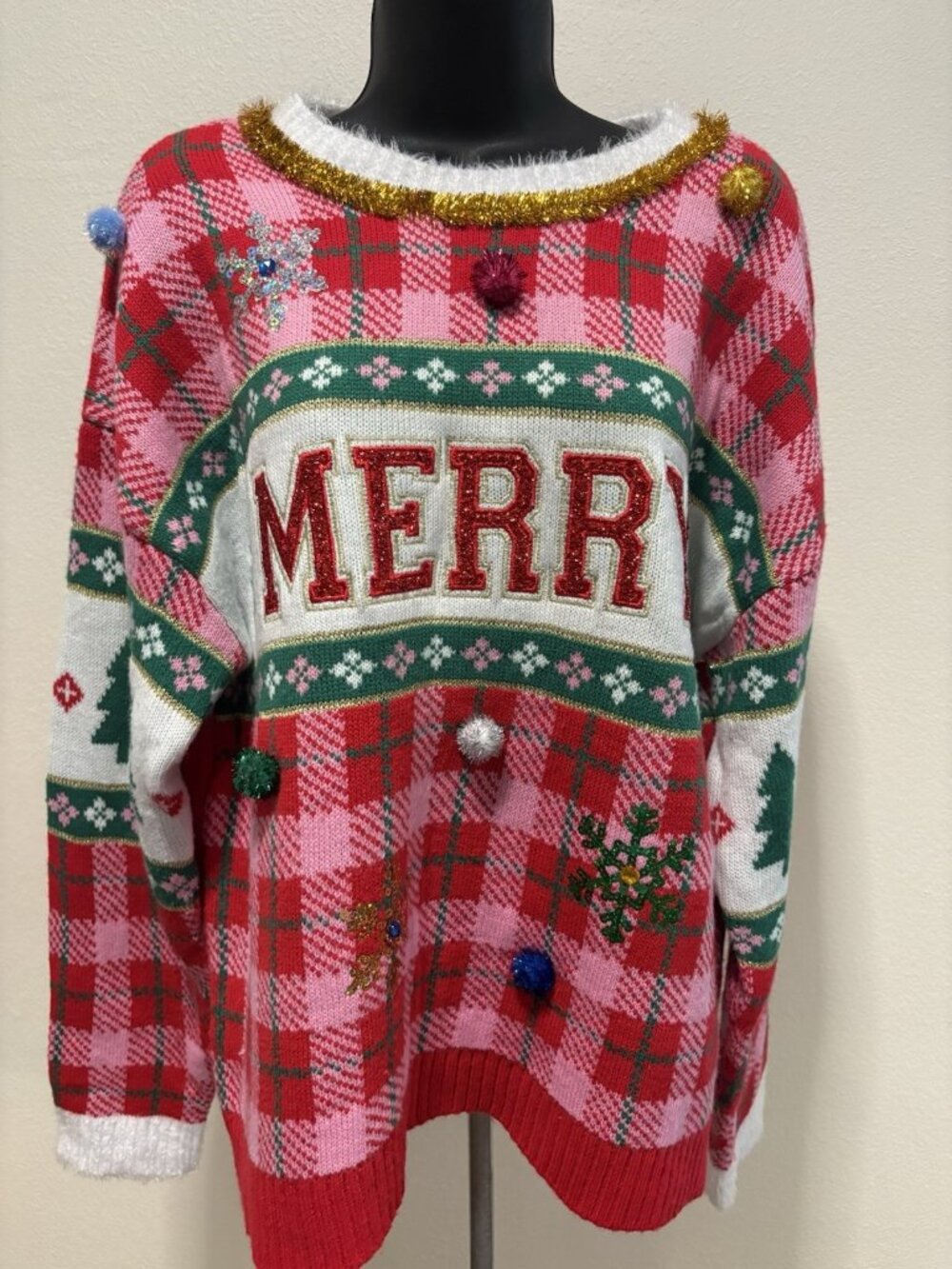 Holiday Time Christmas Knit Sweater Merry Ugly 3D Ornaments Women XL Party Plaid